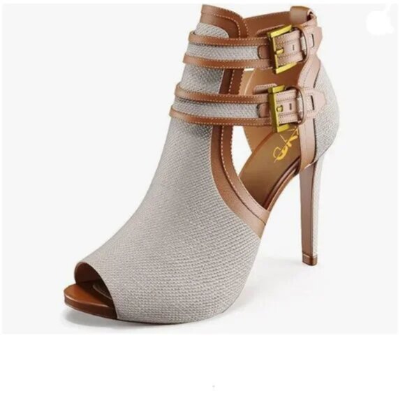 XYD Gainsboro-brown Peep Toe High Heels Buckled Double Straps Cutout Ankle Boot - Picture 1 of 8